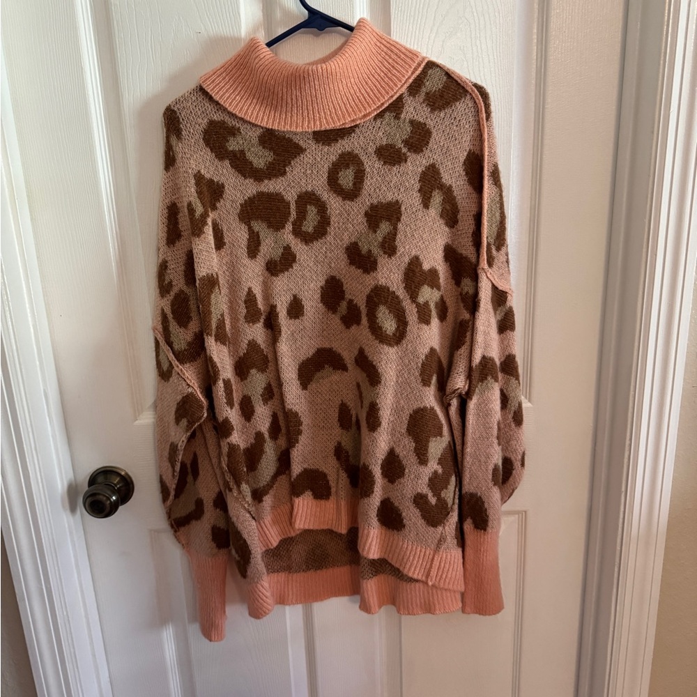 Pink and Brown Cowl Neck Sweater with Animal Print